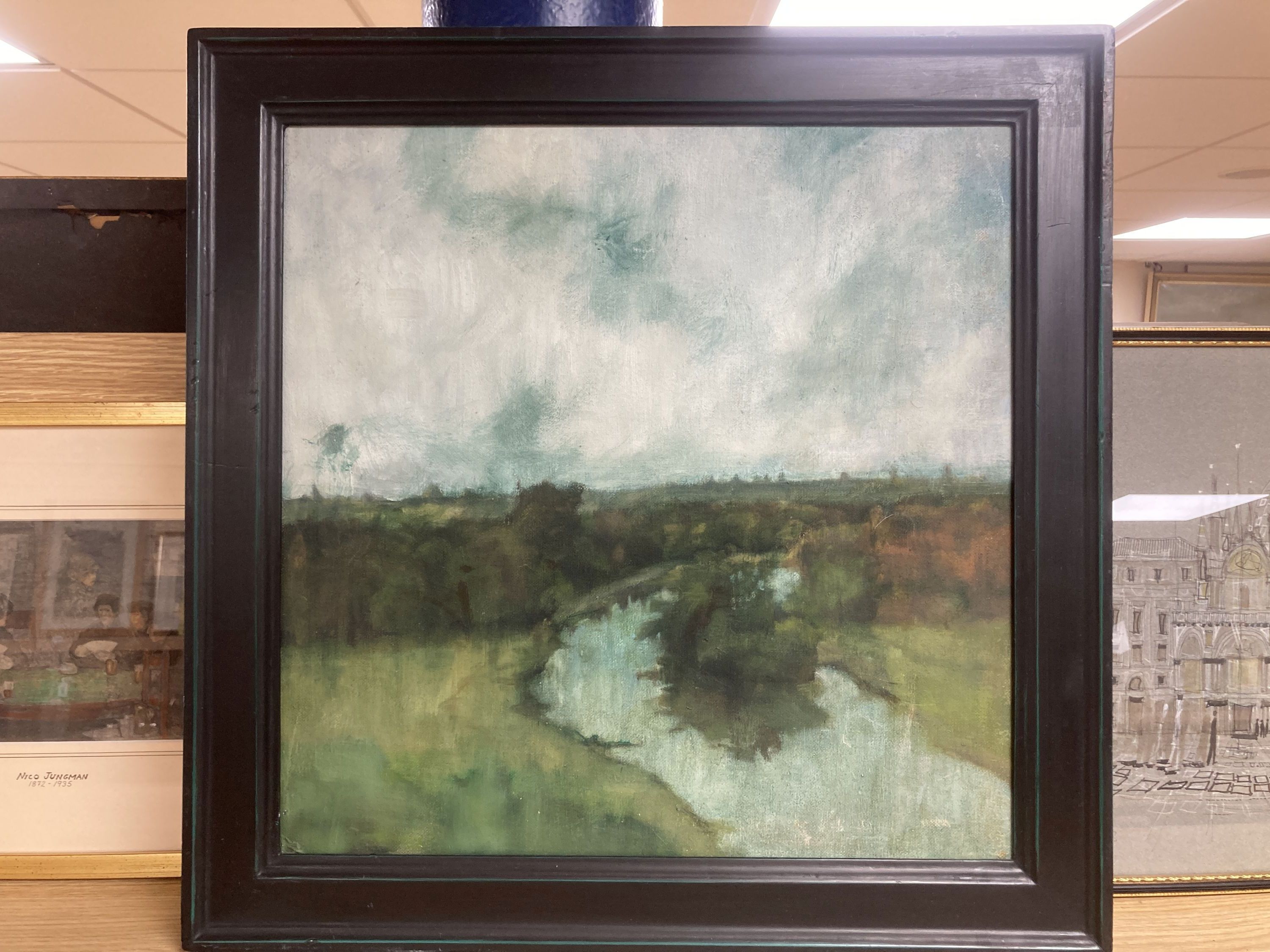 Modern British, oil on canvas, River landscape, 39 x 39cm